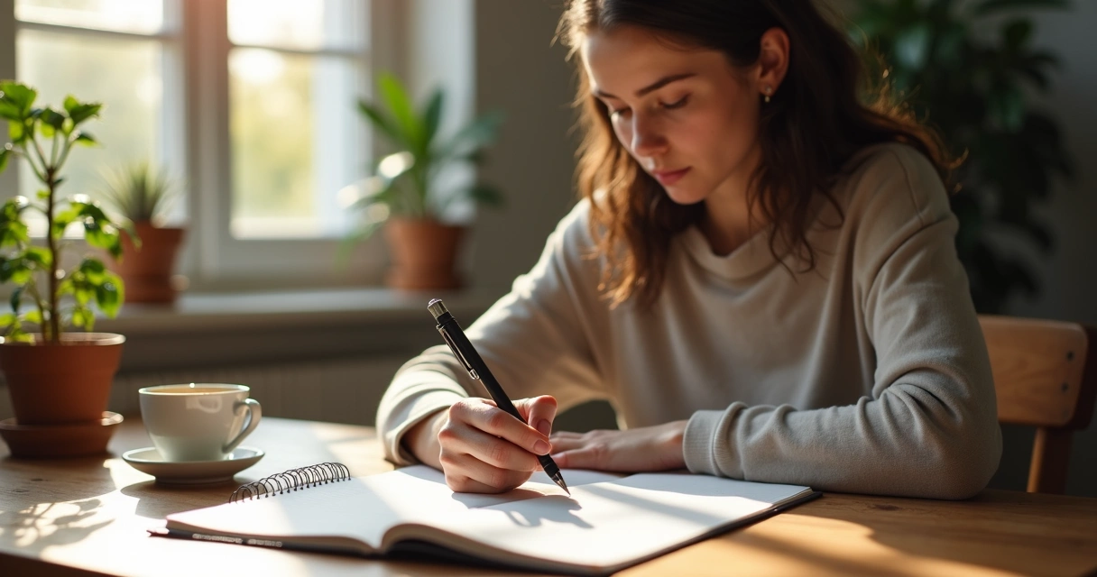 Mulher escrevendo em um diário sobre seus hábitos 