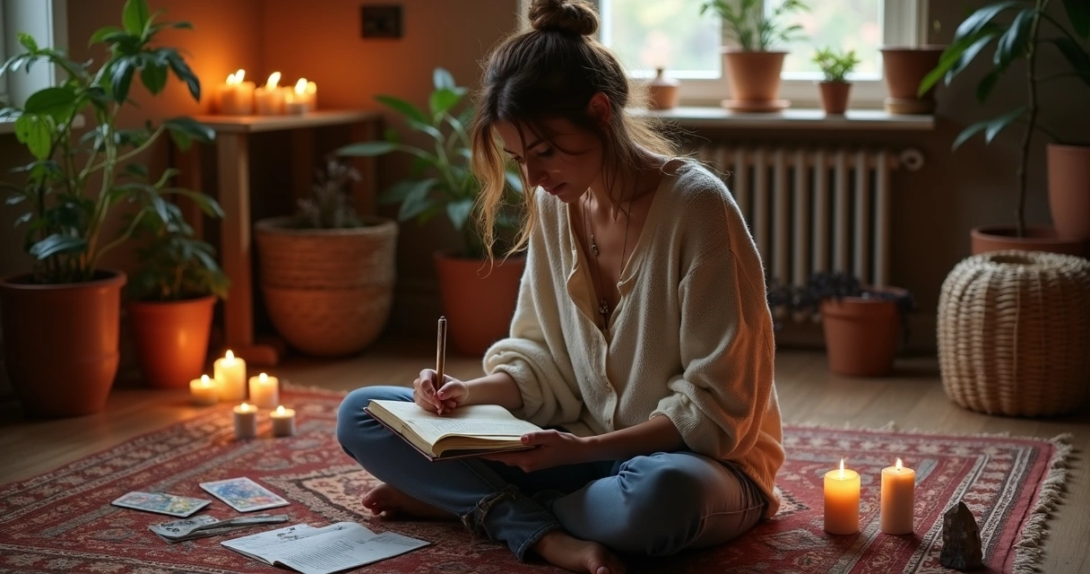 Mulher sentada anotando em diário, rodeada por velas e incensos 