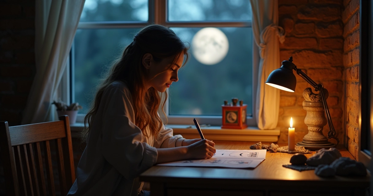 Mulher escrevendo em diário lunar à noite, luz suave da lua entrando pela janela ao fundo. 