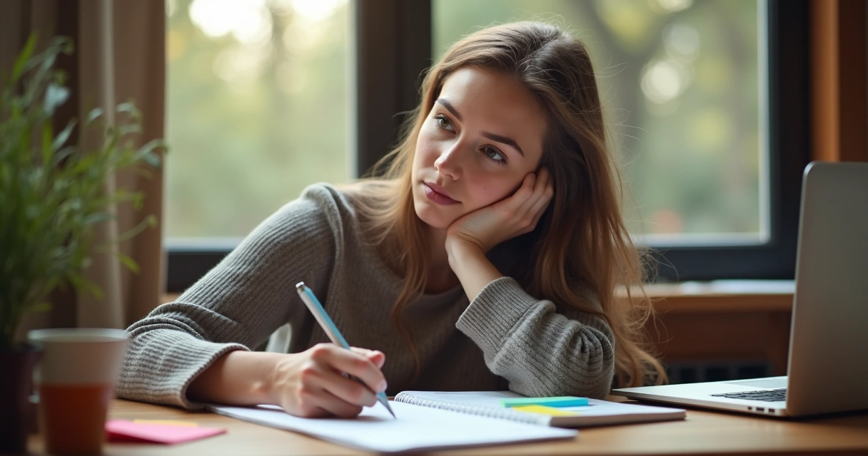 Mulher escrevendo metas em um caderno em uma mesa de madeira