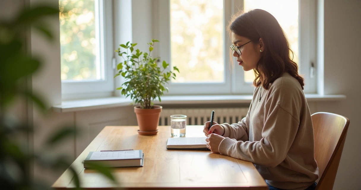 Mulher anotando rotina de microhábitos conscientes em um caderno 