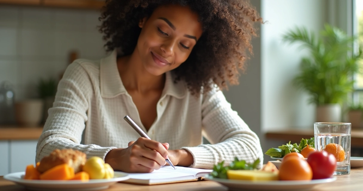 Mulher com caderno de anotações e pratos de comida saudável 