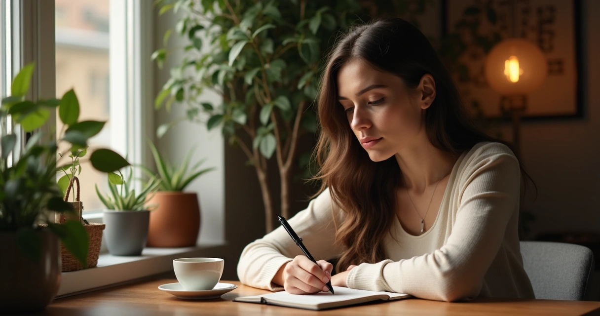 Mulher sentada anotando reflexões em caderno 