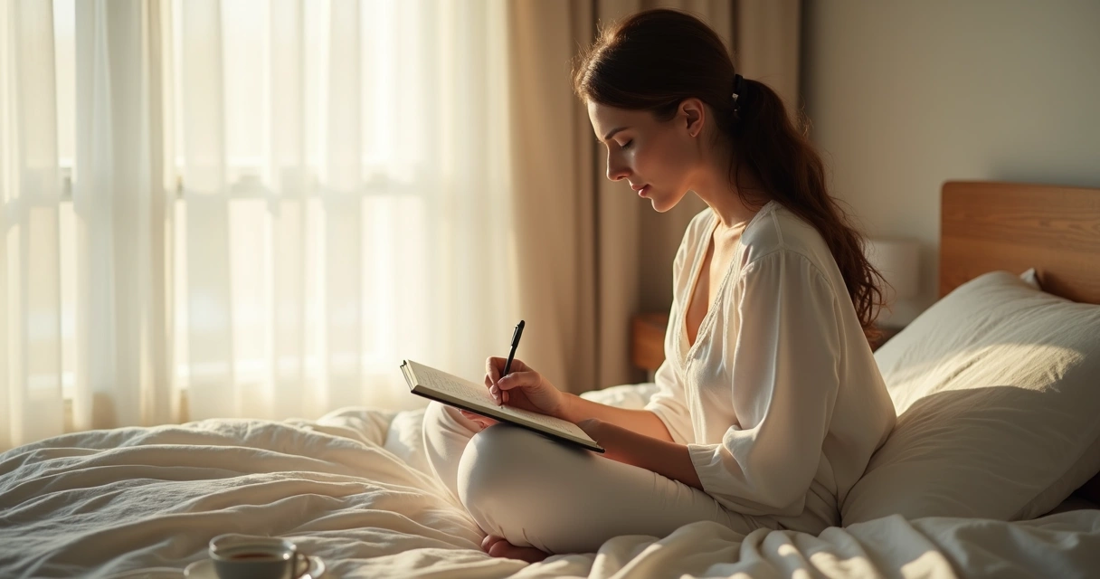 Mulher sentada na cama anotando um sonho em caderno pequeno 