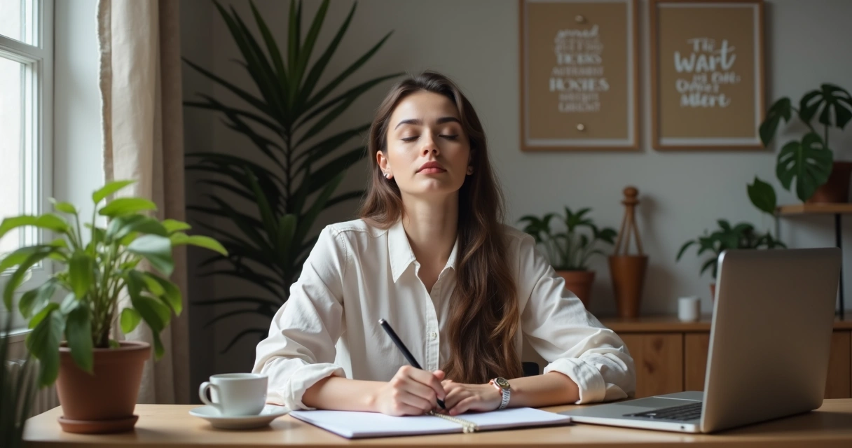 Mulher anotando tarefas em caderno e respirando fundo. 