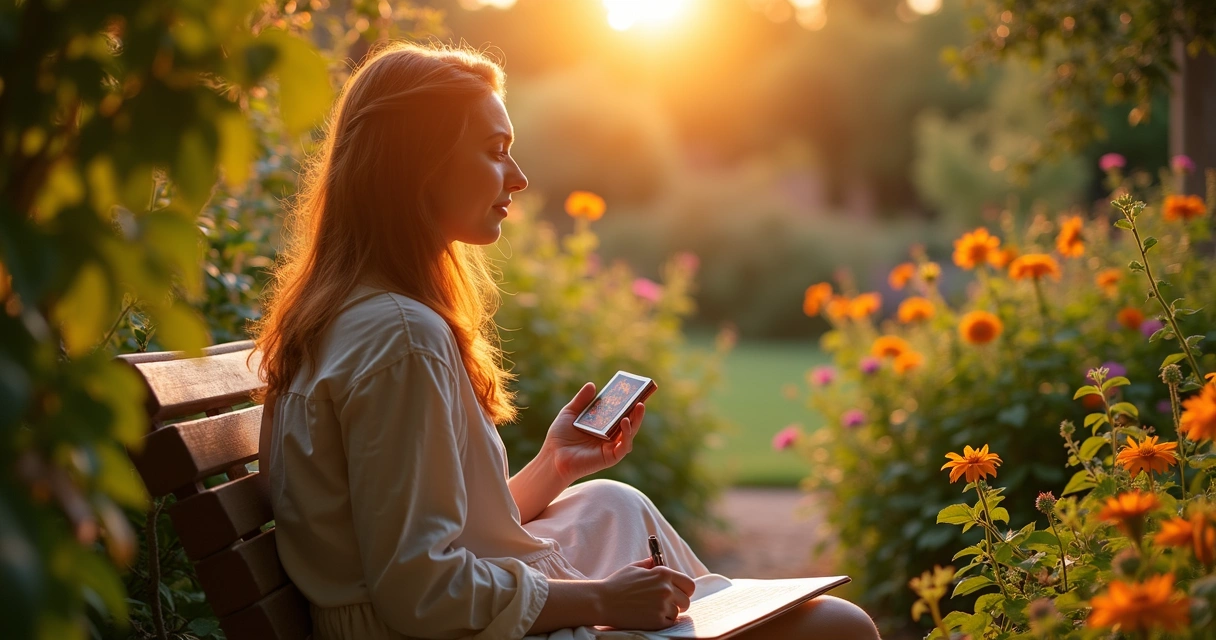Mulher anotando tarot sentada em jardim com flores 