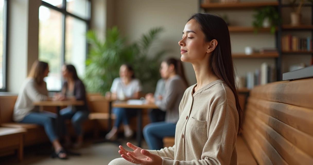 Mulher sentada em ambiente social calmo praticando mindfulness para ansiedade social 