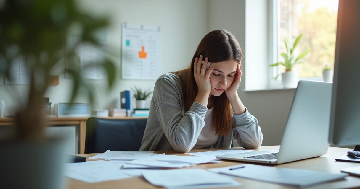 Mulher sentada, angustiada, cabeça entre as mãos em mesa de escritório 