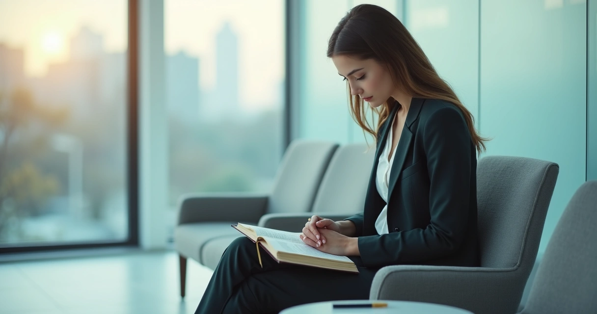Mulher cristã ansiosa esperando entrevista de emprego com bíblia nas mãos 