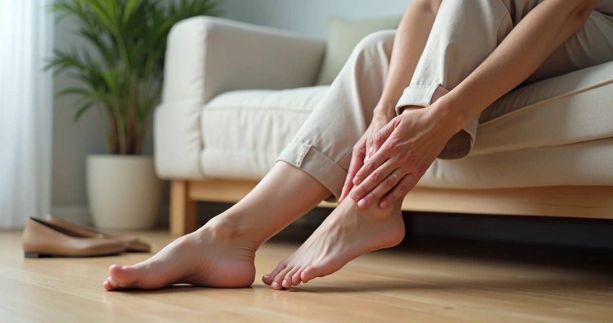 Mulher madura massageando a parte da frente da sola do pé sentado no sofá 