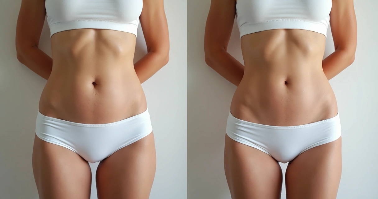 Resultados estéticos antes e depois do tratamento de varizes pélvicas em paciente feminina.