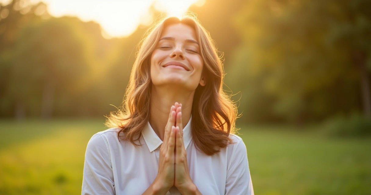 Mulher sorrindo ao sol de olhos fechados com mãos no peito 