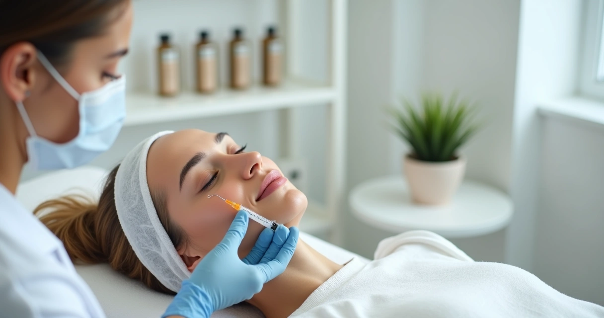 Dermatologista aplicando skin booster no rosto de mulher adulta em clínica estética moderna 