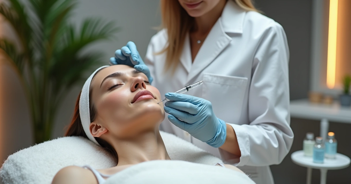 Médica realiza aplicação de skinbooster em rosto de mulher jovem em consultório de estética em Salvador 