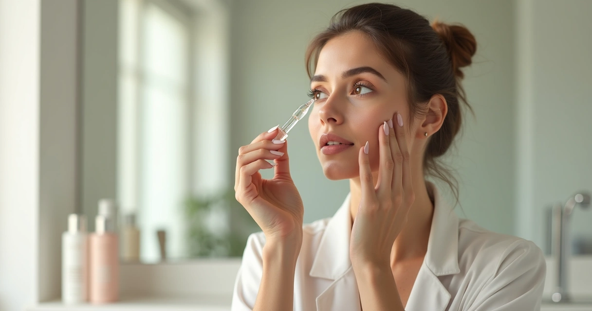 Mulher aplicando sérum com ácido hialurônico no rosto frente ao espelho 