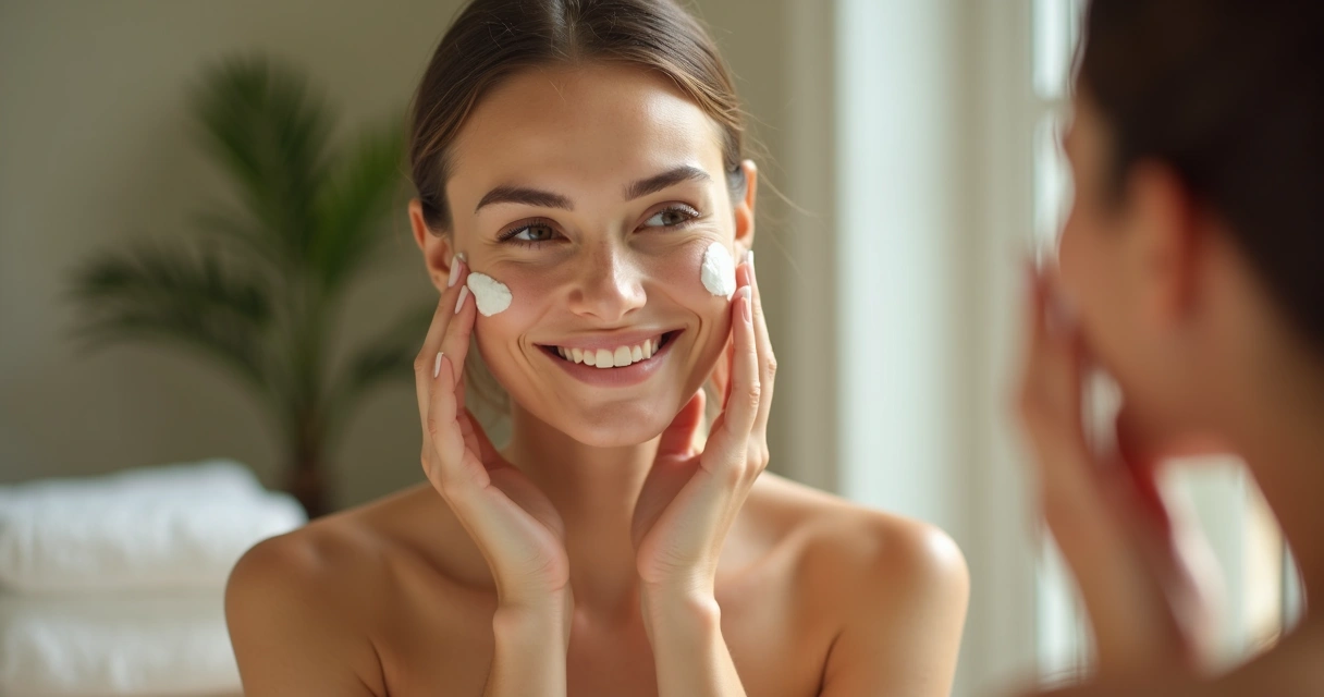 Mulher aplicando creme no rosto em frente ao espelho 