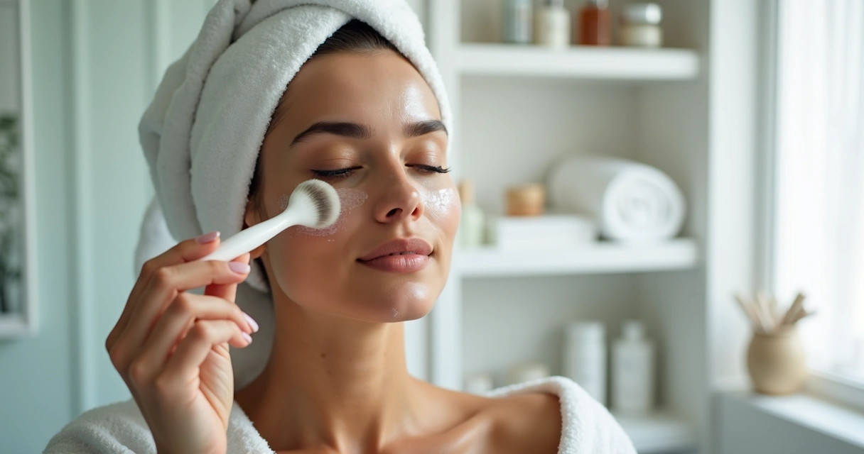 Mulher aplicando peeling facial caseiro com pincel em ambiente claro e limpo 