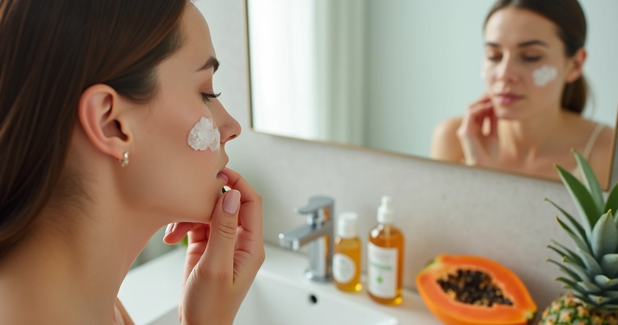 Mulher aplicando produto de peeling em casa no rosto