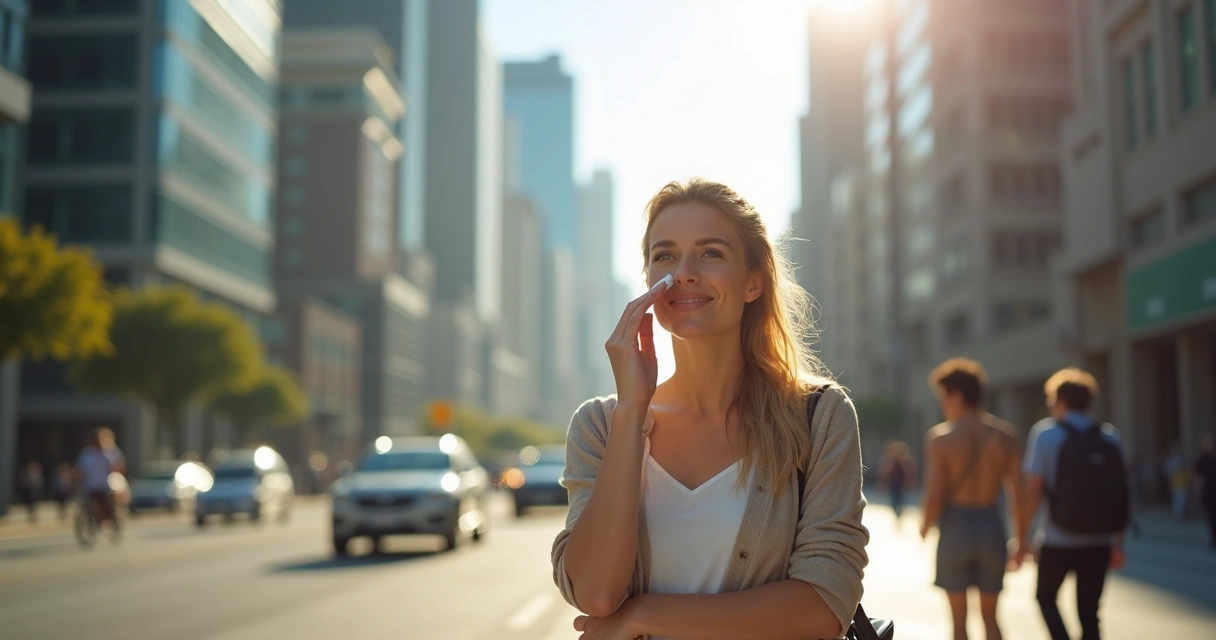 Mulher aplicando protetor solar no rosto em ambiente urbano