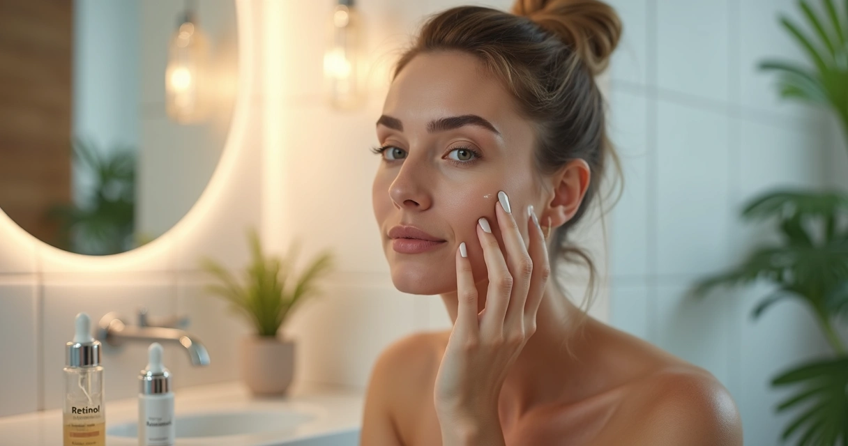Mulher adulta aplicando sérum com retinol no rosto em rotina de skincare noturna 