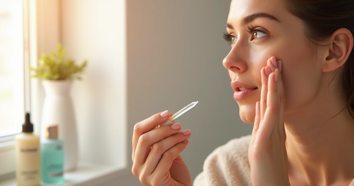 Mulher aplicando sérum no rosto em ambiente iluminado