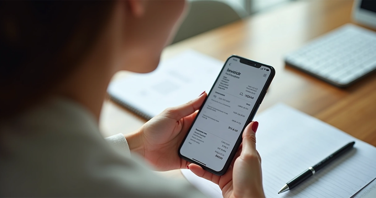 Mulher usando aplicativo de emissão de nota fiscal no celular 