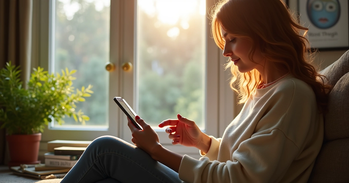 Mulher usando aplicativo de microtarefas no celular sentada próxima à janela 