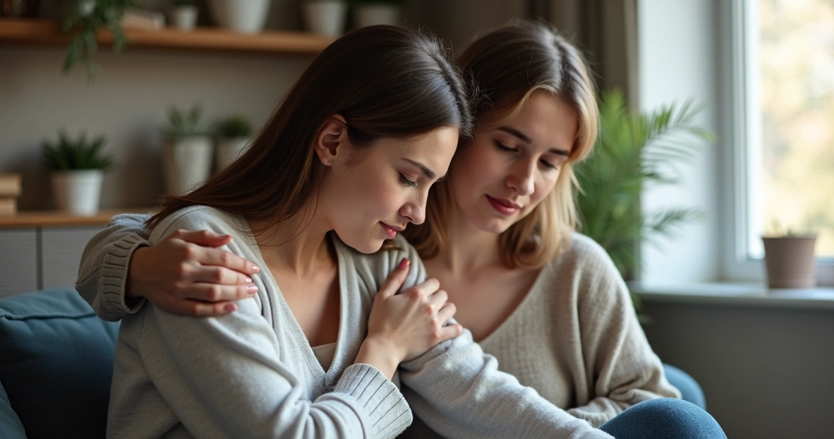 Mulher abraçando amiga que está sentada e chorando. 