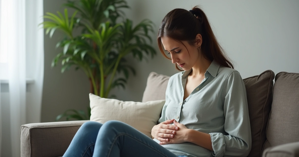 Mulher sentada apoiando as mãos na barriga 