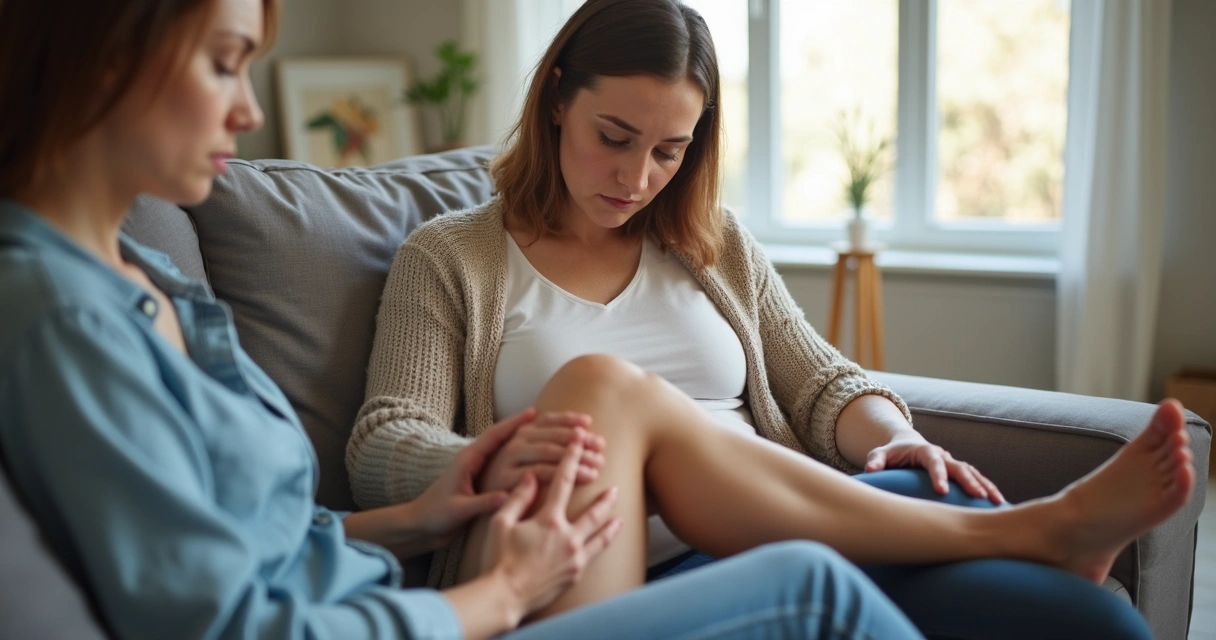 Mulher recebendo apoio olhando para as pernas 