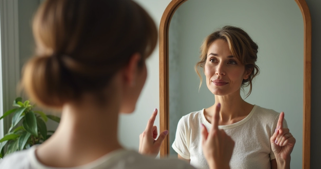 Mulher apontando seu próprio reflexo no espelho