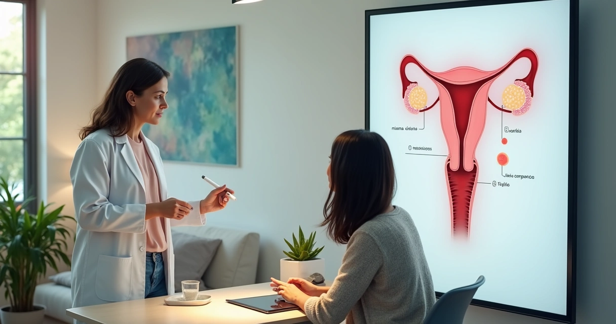 Ginecologista mostrando esquema de útero saudável e com miomas em painel digital 