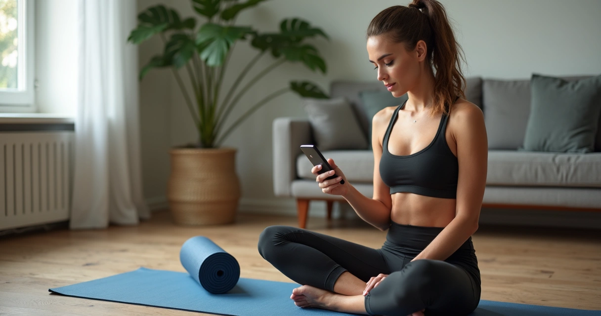 Mulher consultando aplicativo de treino ao lado do colchonete após fazer Superman 