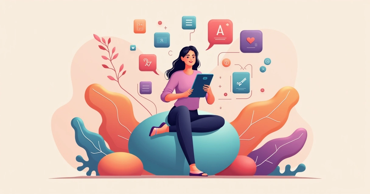 Mulher usando smartphone com apps de design cercada por elementos gráficos femininos 