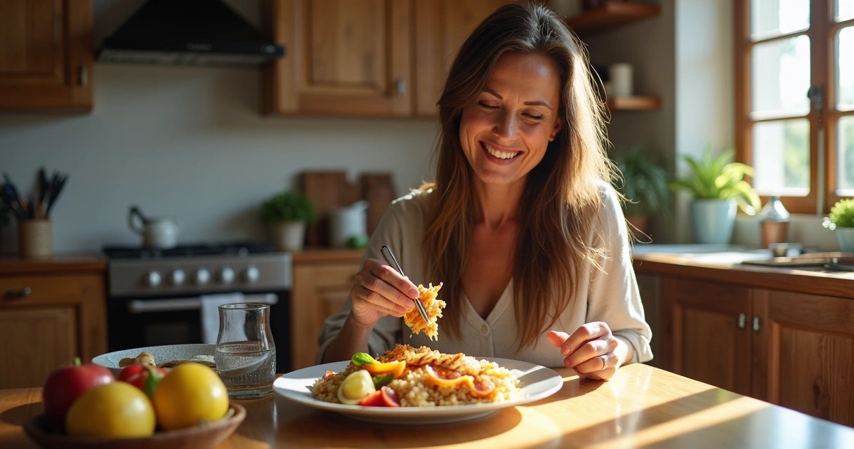 Mulher sentada à mesa apreciando comida saudável 