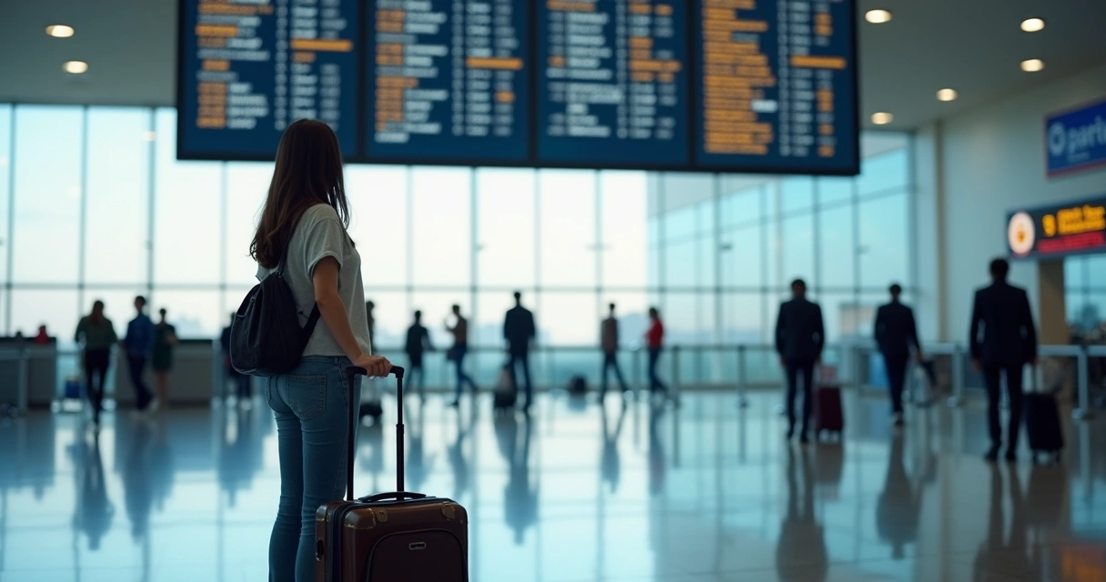 Mulher de pé olhando para o painel de voos no aeroporto 