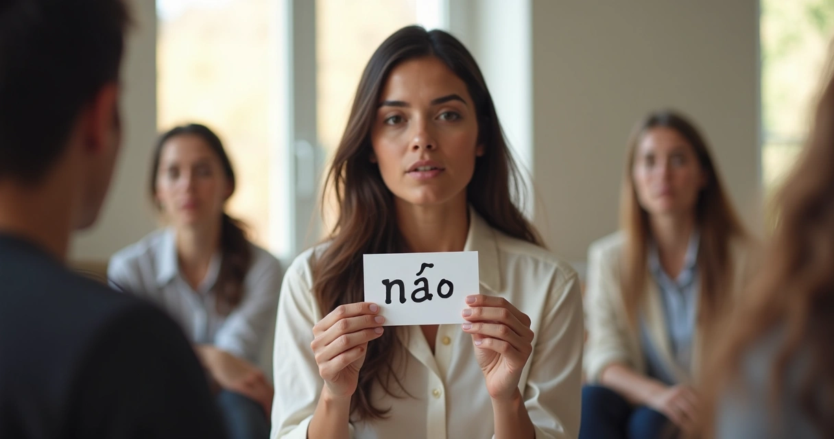 Mulher sentada em uma sala iluminada, olhando para frente, segurando um cartão escrito 'não' diante de um grupo de pessoas