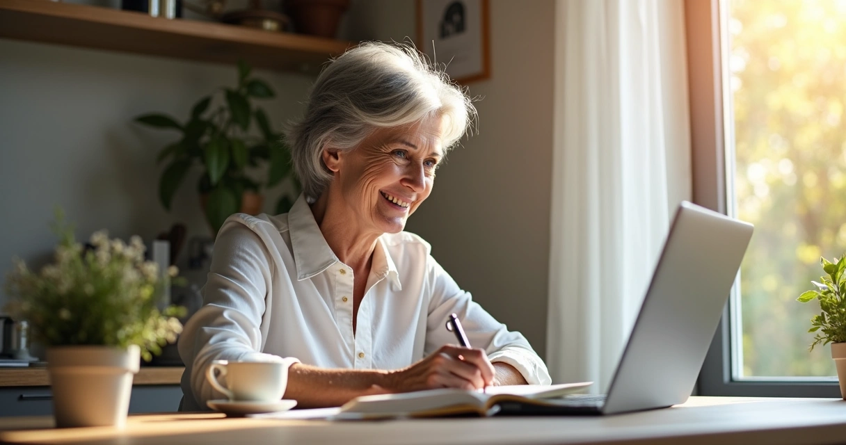 Mulher madura aprendendo tecnologia em um notebook 