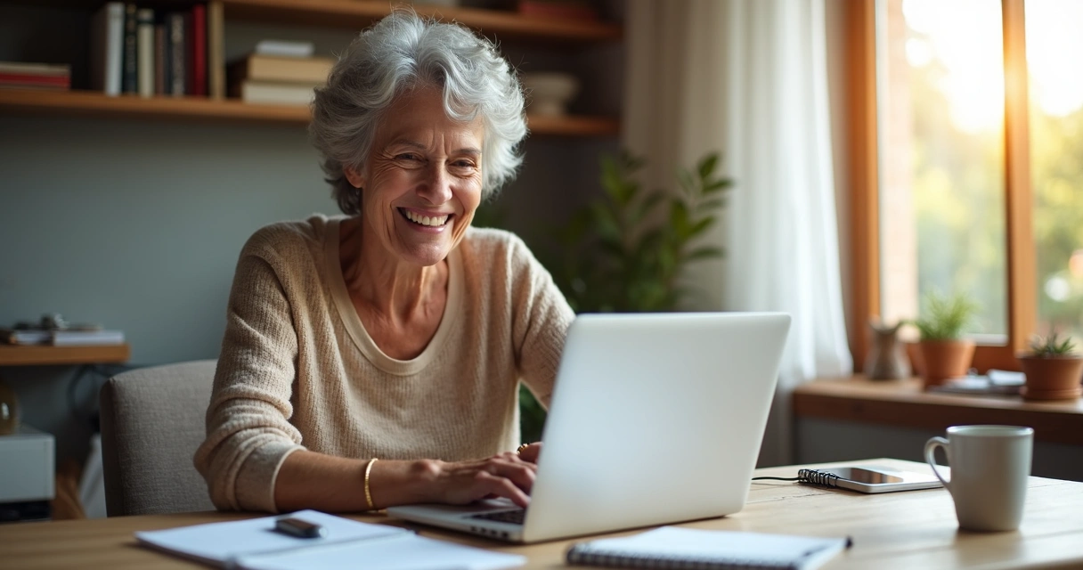 Mulher de cabelos grisalhos digitando em notebook, sorrindo, com material de estudo ao redor 