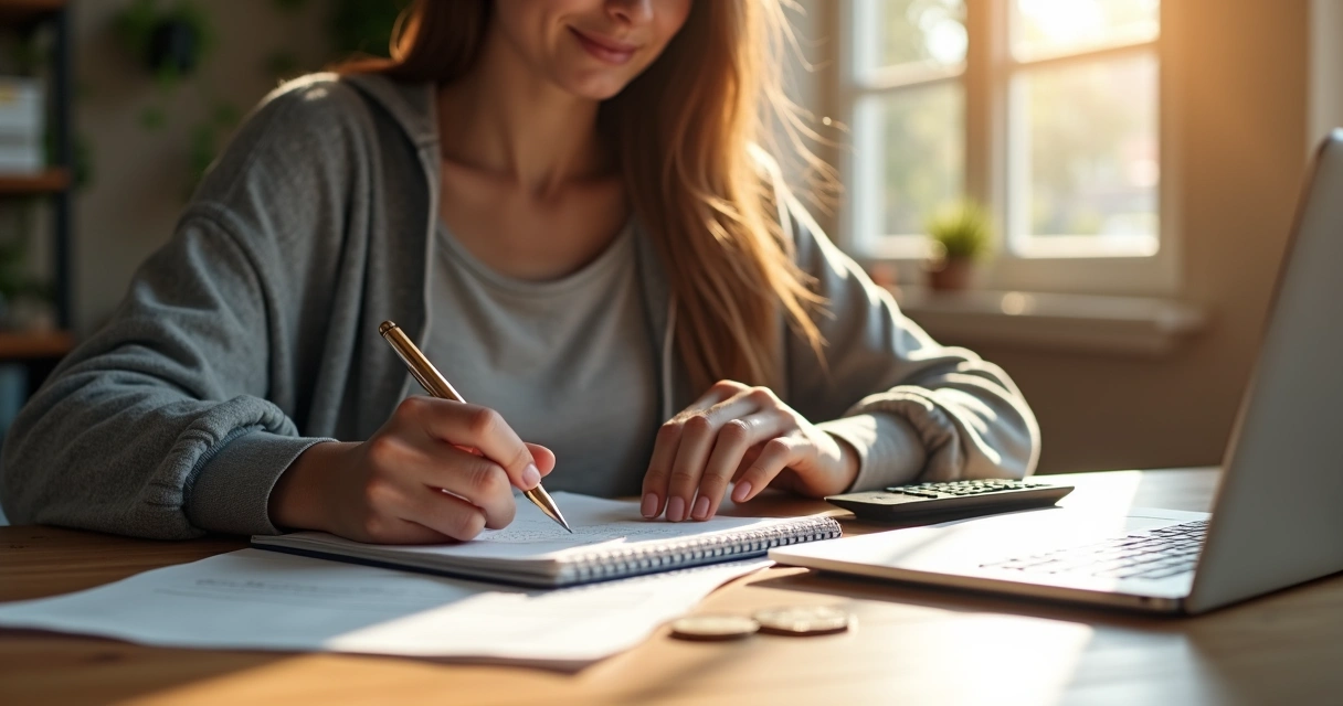 Mulher sentada à mesa com caderno e calculadora, aprendendo sobre finanças pessoais 