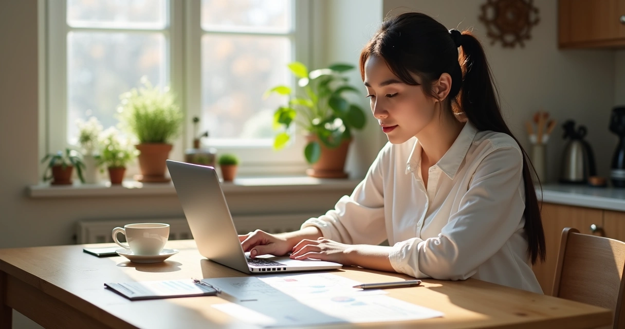 Mulher sentada à mesa, analisando gráficos e anotações financeiras