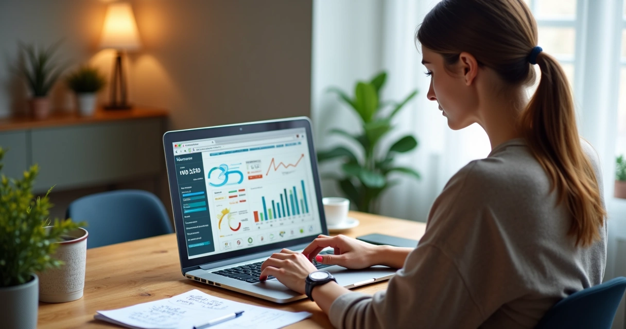 Mulher estudando marketing digital em um laptop com gráficos e anotações ao redor 