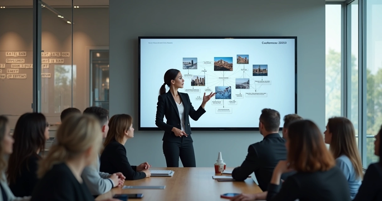 Profissional apresentando história em ambiente corporativo 