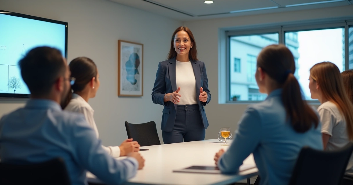 Profissional apresentando pitch pessoal para uma pequena plateia em ambiente empresarial 