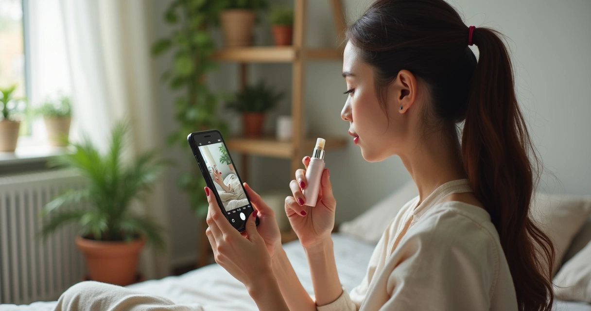 Mulher influenciadora segurando cosmético enquanto grava stories em quarto com prateleiras de plantas 