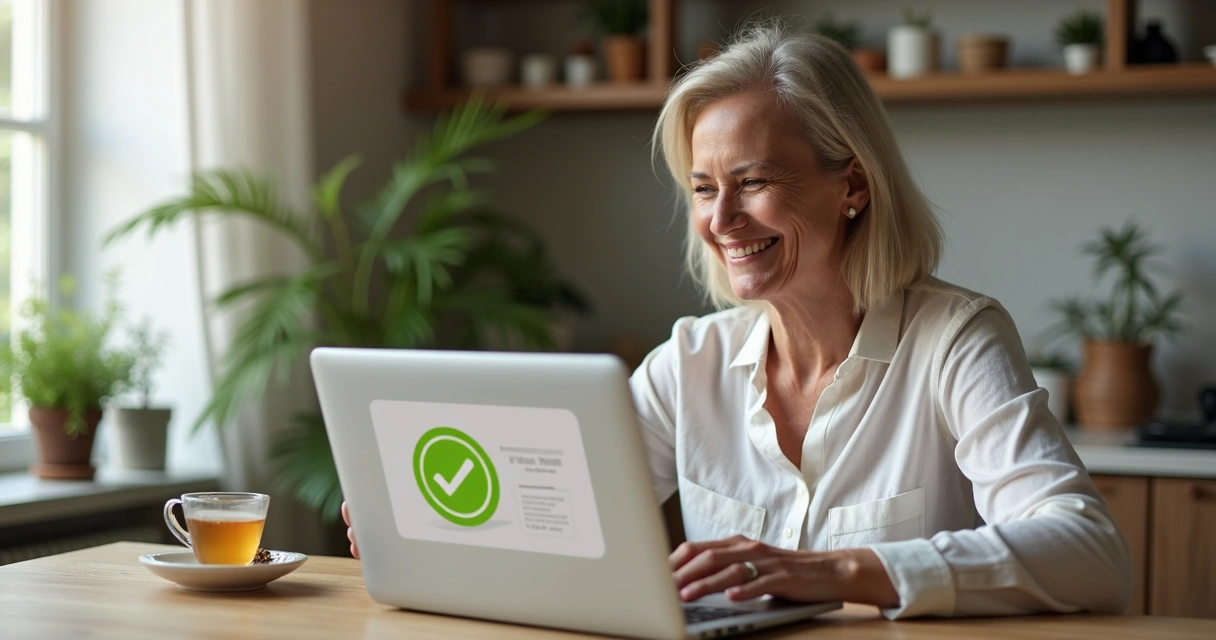 Mulher confiante lendo aprovação de financiamento imobiliário no notebook 