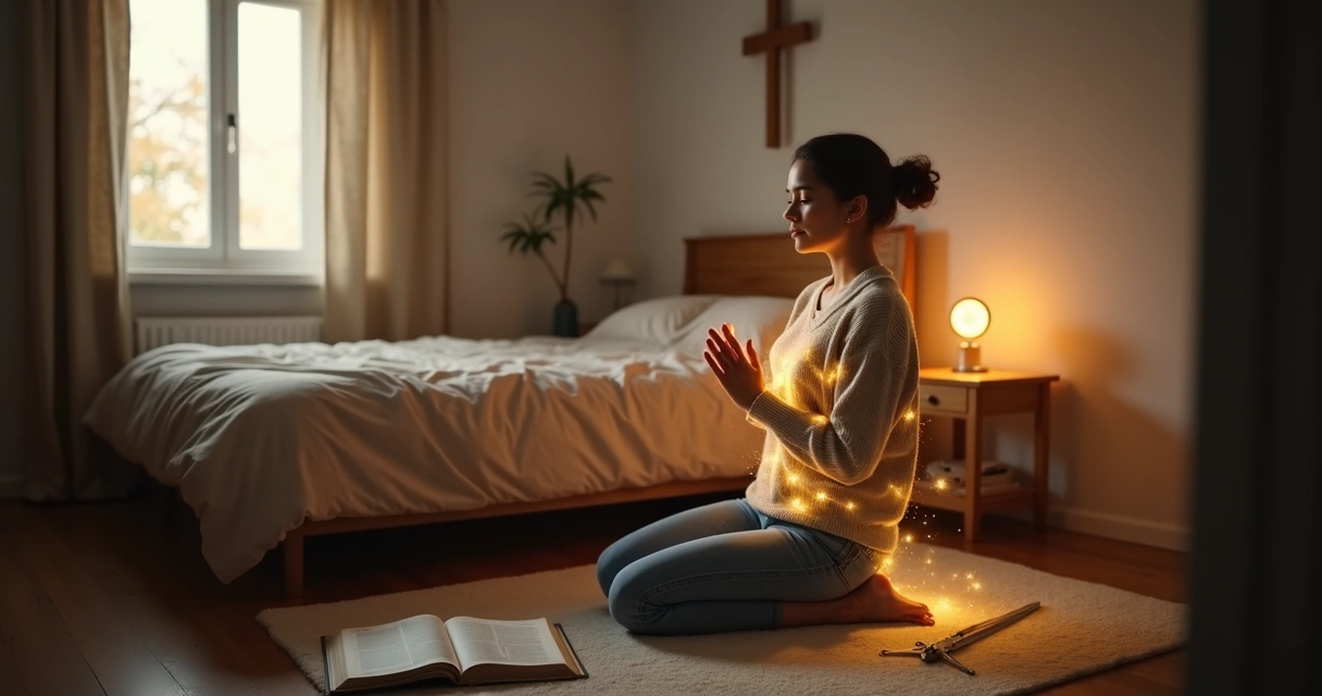 Mulher cristã de joelhos em oração com armadura de luz ao redor 