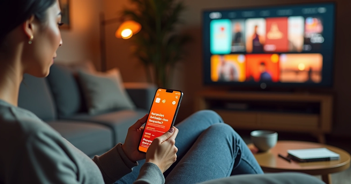 Mulher usando celular no sofá com apps da Shopee e Globoplay na tela do telefone 