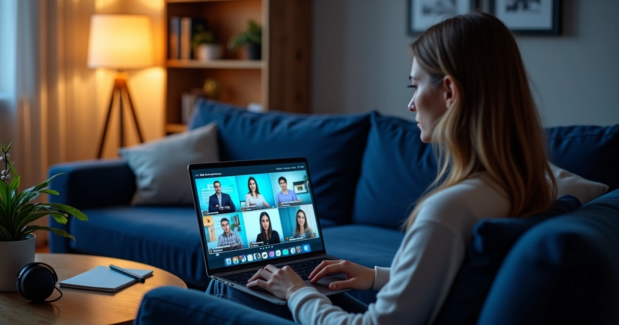 Mulher assiste conferência de marketing digital e IA em notebook em sua sala 