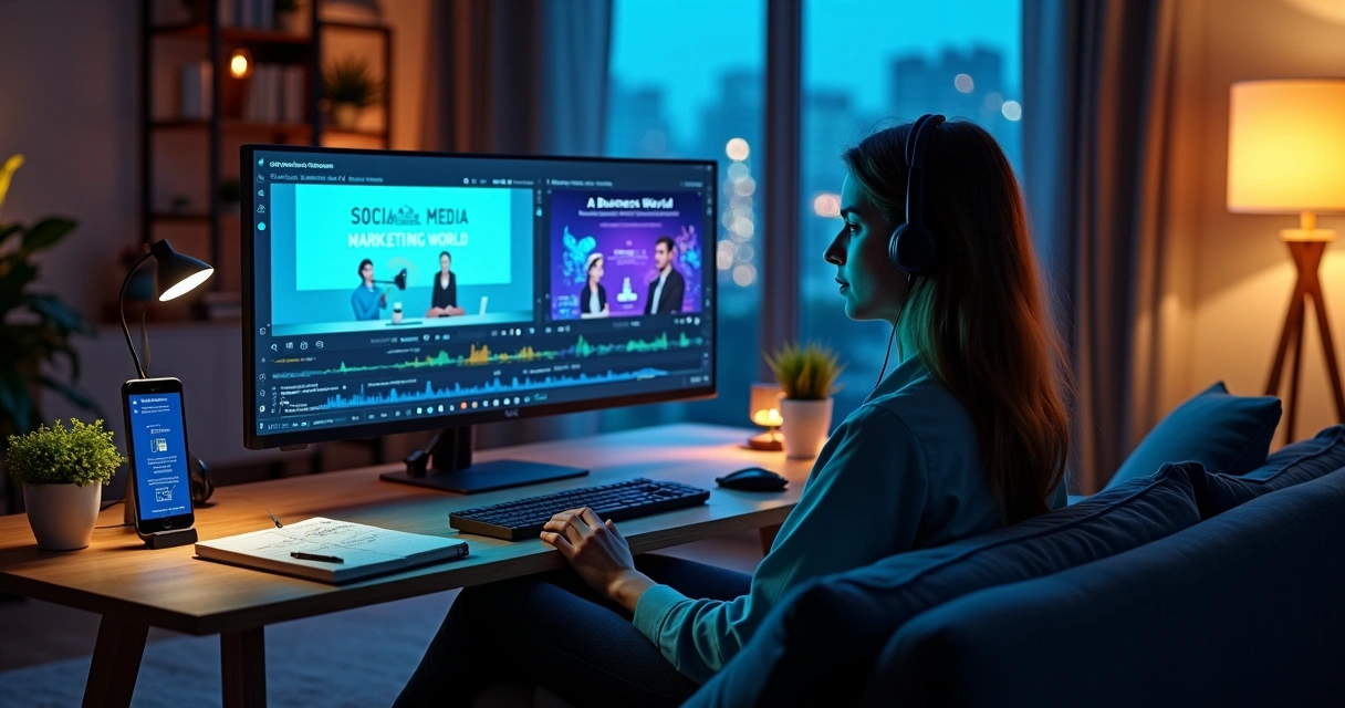 Mulher assiste conferência online com temas de marketing digital e IA na sala de estar 